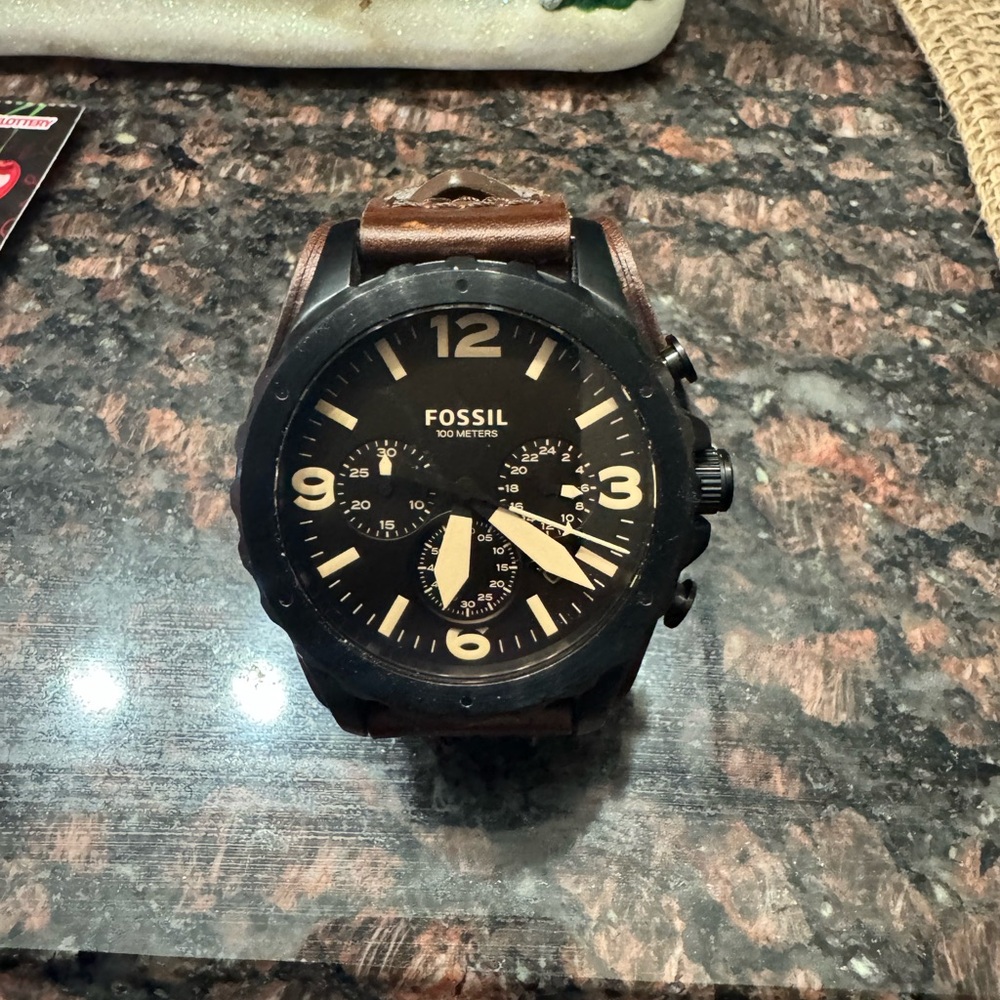 Fossil Black Dial with Brown Leather Strap Watch